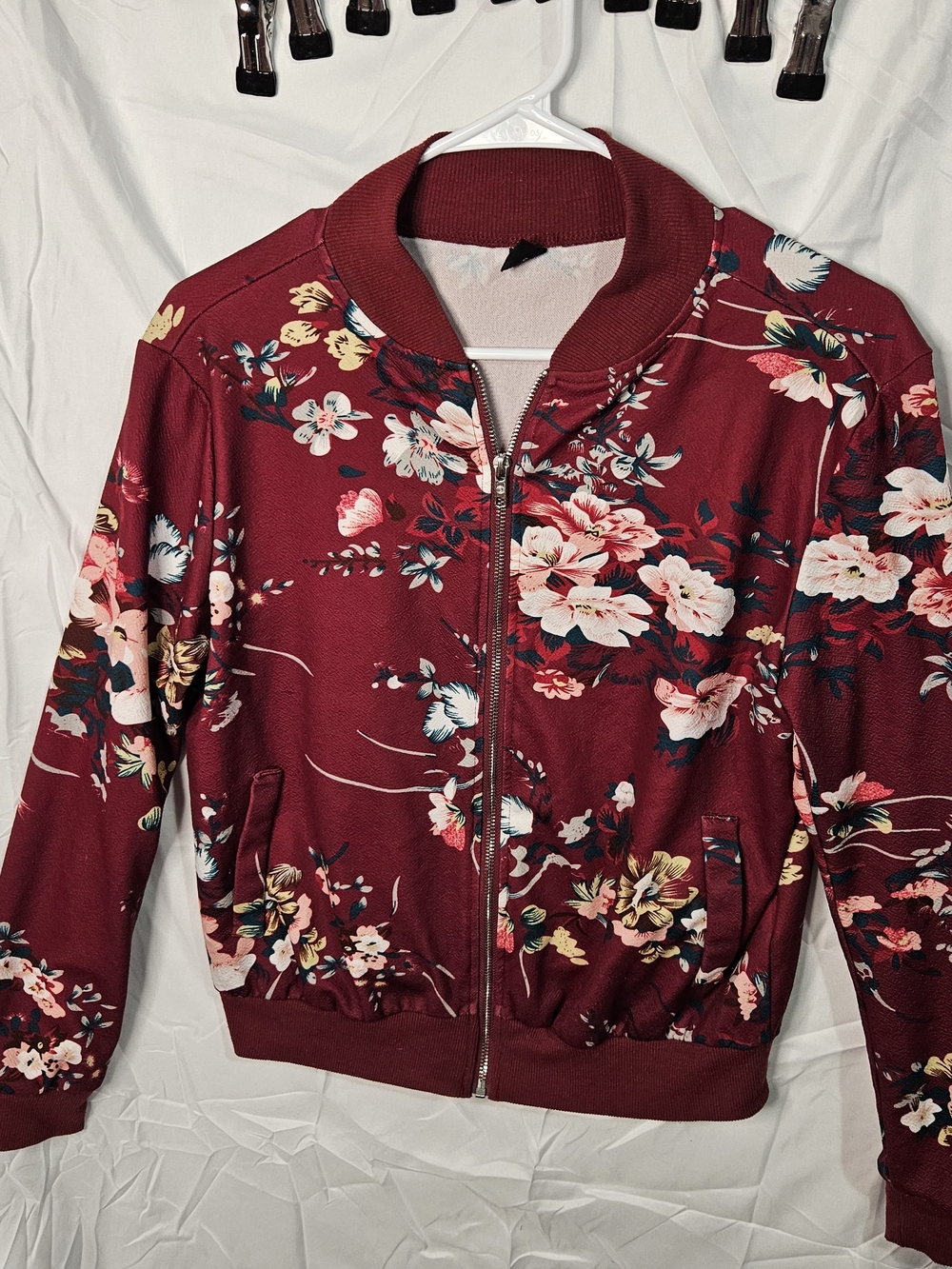 SHEIN Burgundy Floral Bomber Jacket Zip Up Lightweight Coat Size S